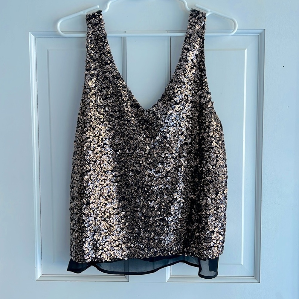 Champagne sequined tank top fancy sparkle New Year’s Eve